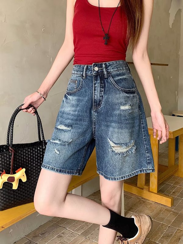 ホットガールストレートリップドデニムショートパンツ女性のための夏の2025新しいハイウエストルーズ痩身非弾性ワイドレッグ5点パンツ|undefined