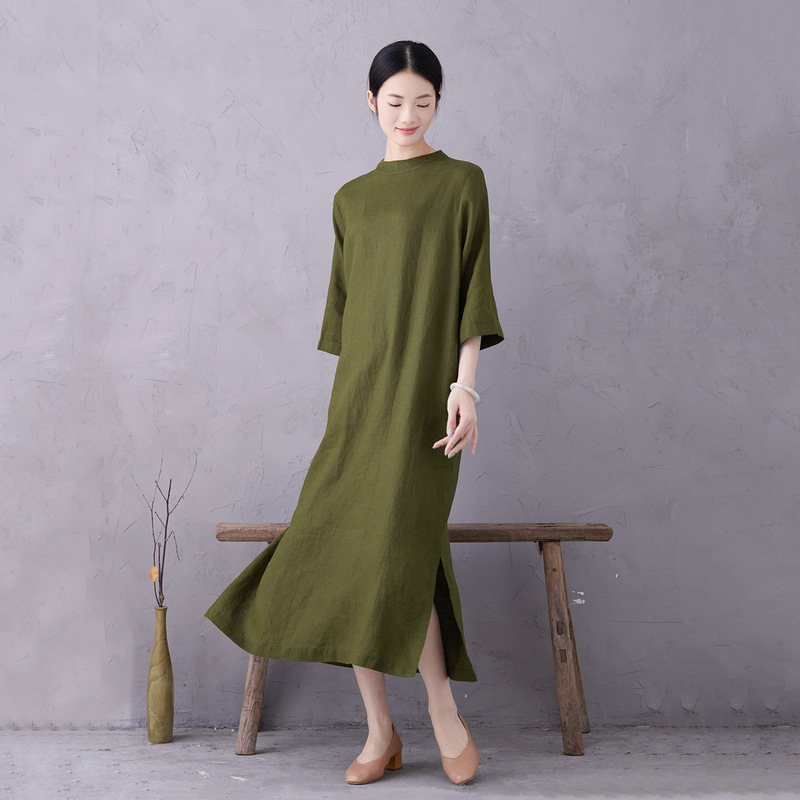 dress Robe Casual Artistic Linen Long Dress Brand Half-high Collar plus size Autumn Green Women's Spring and Summer Long Green