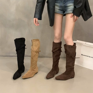 长靴女2026新款秋季复古美拉德绒面尖头内增高显瘦褶皱高筒堆堆靴