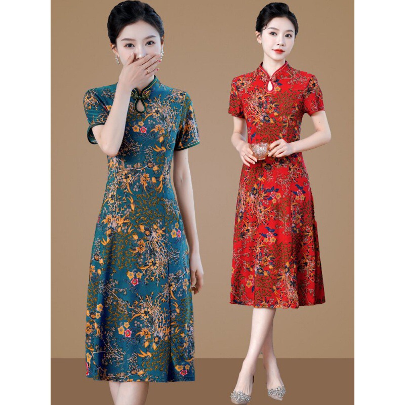 Cheongsam 30 to 50 years old dress waist slimming middle-aged and elderly women's summer short sleeve Chinese style western style skirt