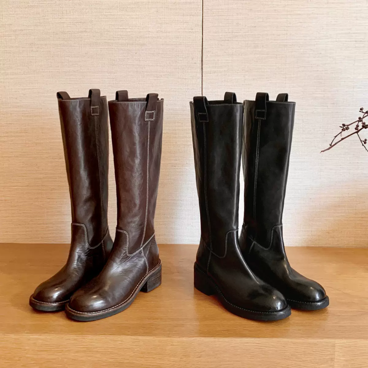 【工厂现货】小耳朵马皮靴~后拉链厚底粗跟中高筒长靴女骑士靴