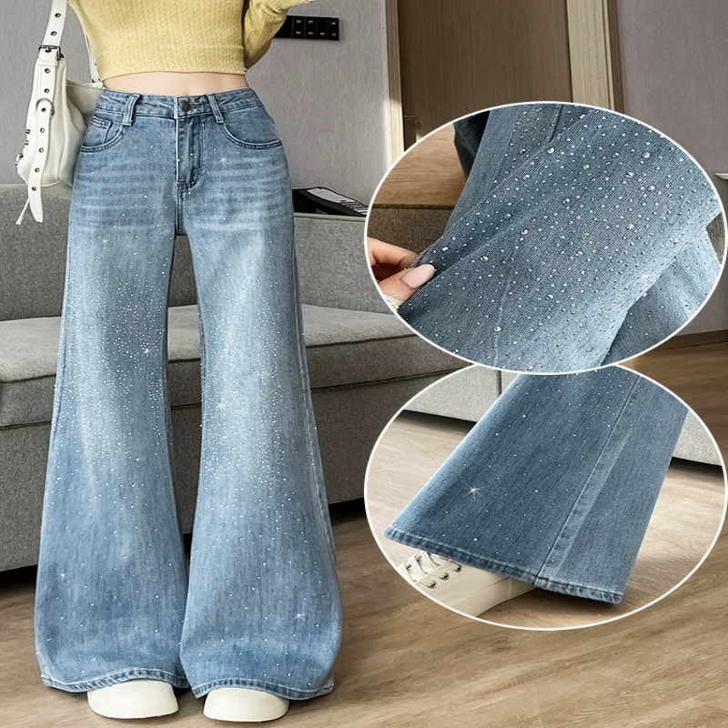 Super Popular Light-Colored Rhinestone Wide-Leg Jeans for Women, 2026 Spring New Hot-Selling Model, Starry and Shiny Flared Pants