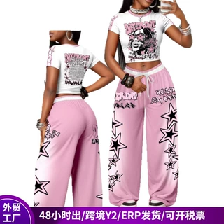 欧美露肚脐短袖阔腿裤两件套女TEMU爆款印花紧身辣妹上衣套装女装