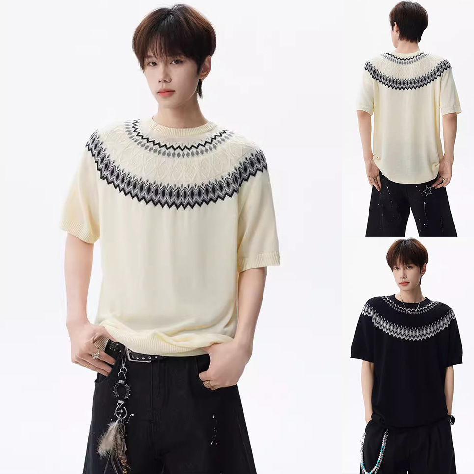 Isla de Fair camiseta de punto de manga corta camiseta de cuello redondo jacquard hombre viejo estilo casual hielo de verano fábrica transfronteriza mayorista