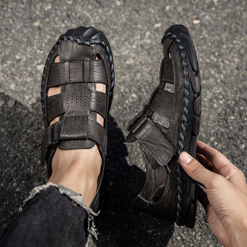 Cross-border Summer Genuine Leather Soft-soled Breathable Closed-toe Non-slip Trendy Casual Clogs Men's Sandals Water_voghion.com