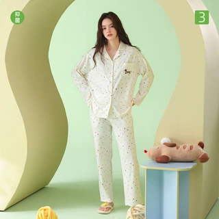 【抗菌新疆棉】秋季睡衣女款纯棉长袖翻领拉架棉纯套装家居服定制
