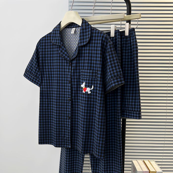 Comercio exterior volumen de ejecución nube de algodón pijamas de tres piezas verano mujeres manga corta pantalones cortos cardigan solapa dibujos animados traje de servicio a domicilio
