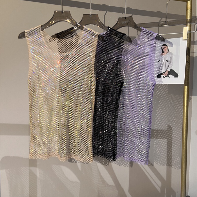 Women's Rhinestone Shiny Sexy Vest high quality Party Club Sexy Perspective Mesh Hollow Diamond Shirt