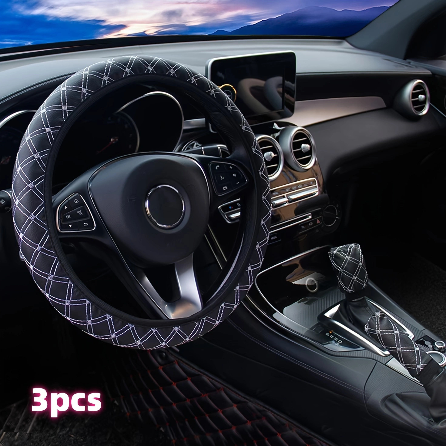 Cross-Border Foreign Trade Specializes in Quilted Embroidered Three-Piece Sets of Car Steering Wheel Covers, Handbrake Covers, and Gear Lever Covers for Amazon, Temu, and Shopee