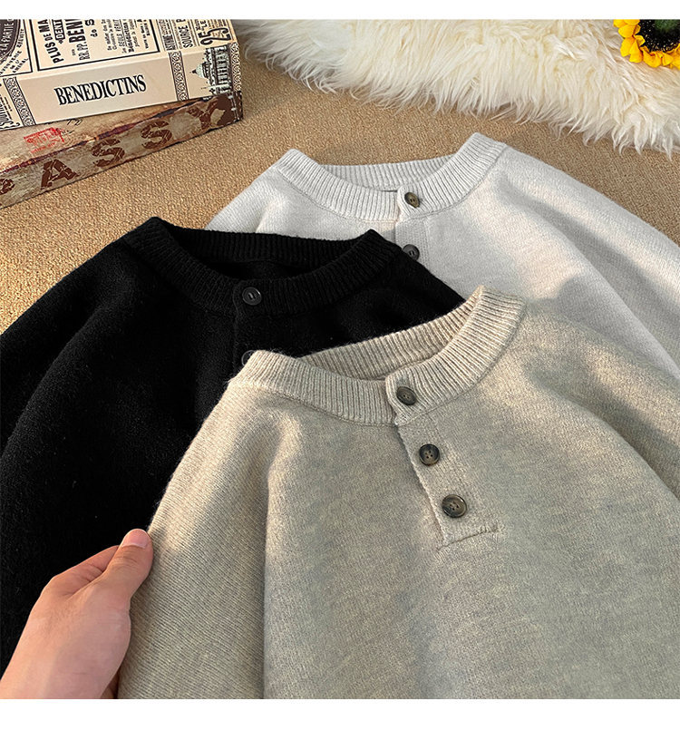 Cleanfit Henley Knit Sweater – Heavyweight Relaxed Pullover With Ribbed Hem_voghion.com