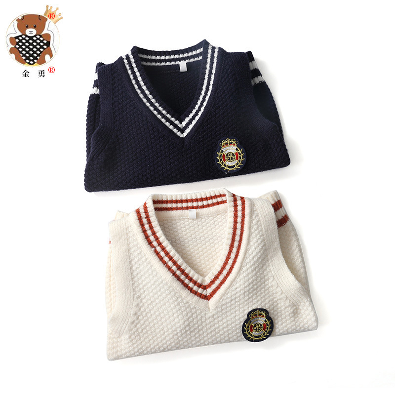 Entrega de una pieza [Jin Yong] ropa de primavera para niños y niñas estilo universitario Chaleco con cuello en V suéter Chaleco de punto para bebés