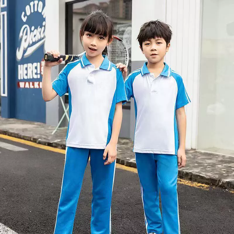 Школьная форма для учащихся начальной и средней школы костюм осенний колледж Стиль Синий и белый спортивный короткий рукав юбка Младший и старший класс средней школы одежда брюки костюм из трех частей