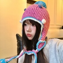 甜美拼色毛球针织护耳雷锋帽女秋冬季百搭显脸小套头保暖毛线帽子