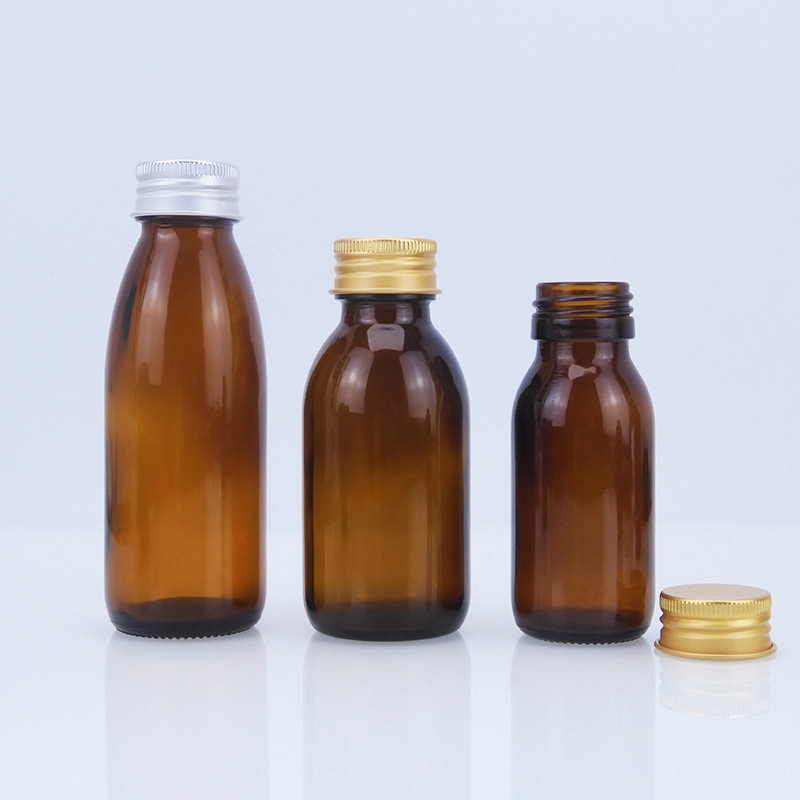 茶色のガラス製経口液体ボトル、茶色の薬用遮光シロップ包装サンプルボトル、密封酵素ボトル、健康薬ボトル|undefined