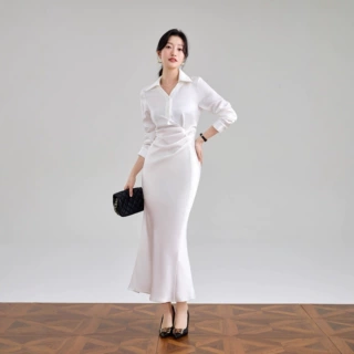 高定进口醋酸 职场缎面v领衬衫连衣裙气质女褶皱收腰显瘦鱼尾裙