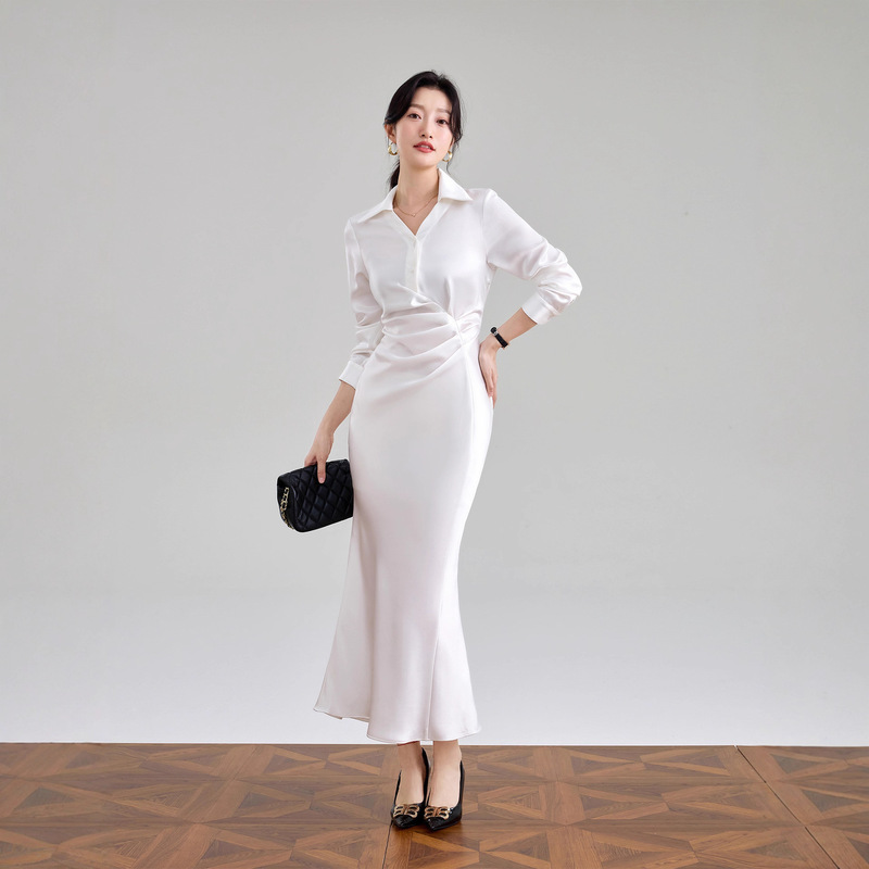 High-End Imported Acetate Workplace Satin V-Neck Shirt Dress Elegant Women's Pleated Waist Slimming Look Fishtail Skirt High-End Imported Acetate Workplace Satin V-Neck Shirt Dress Elegant Women's Pleated Waist Slimming Look Fishtail Skirt