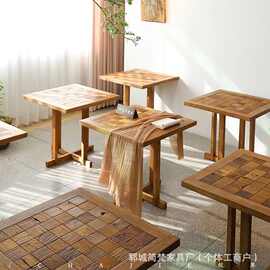 侘寂风实木拼花咖啡桌庭院餐厅待客小茶几正方形老榆木沙发边角几