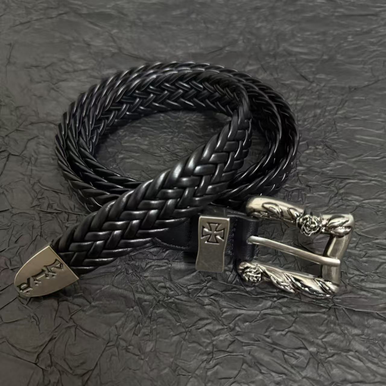 Mourning Rose Cross Punk Rock Handwoven Leather Belt - Narrow Black Alloy Strap