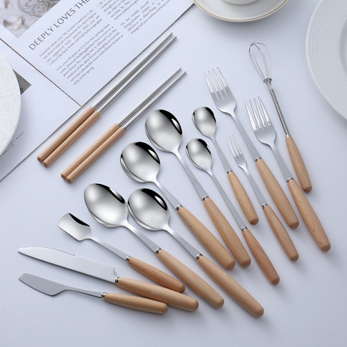 Japanese-style wooden-handled stainless steel knife, fork, and spoon set, Western-style steak knife, wooden and stainless steel dining utensils, soup spoon, fruit, and dessert fork