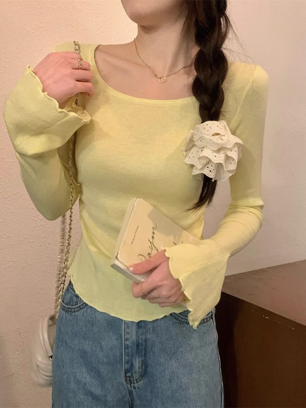 小个子木耳边喇叭袖长袖t恤上衣女秋季新款甜美风方领修身打底衫|undefined