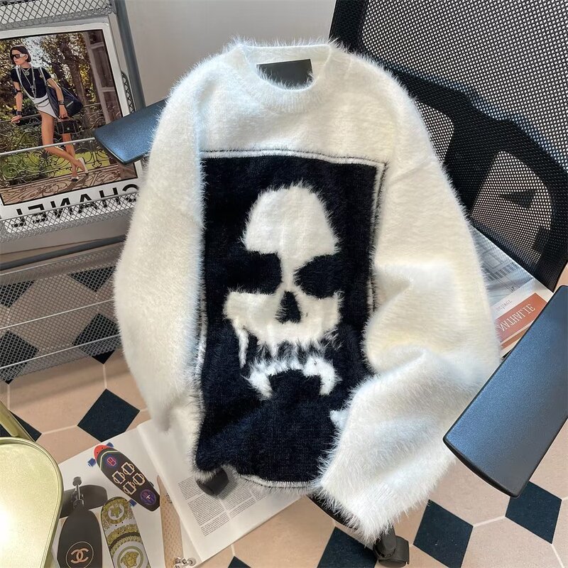 2023 trendy brand mink velvet skull jacquard sweater men's and women's high street style loose couple's high texture sweater fashion