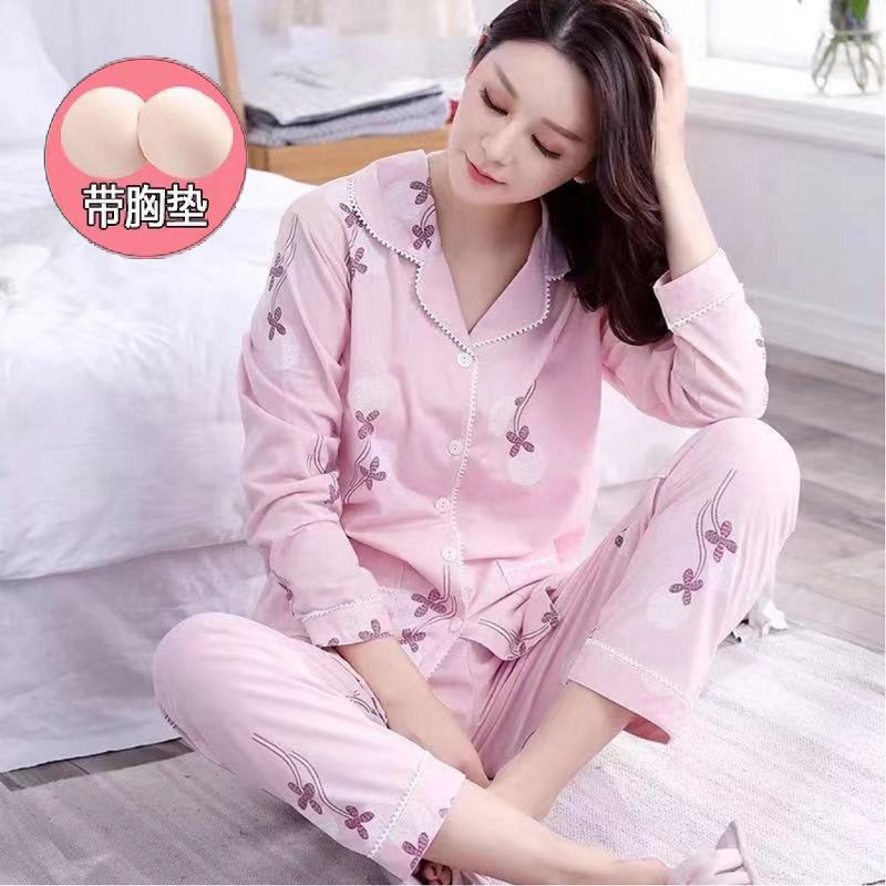 100% pijamas de algodón traje de mujer con almohadilla en el pecho Primavera y otoño pantalones de manga larga dulce simple de dibujos animados prendas de vestir exteriores homewear