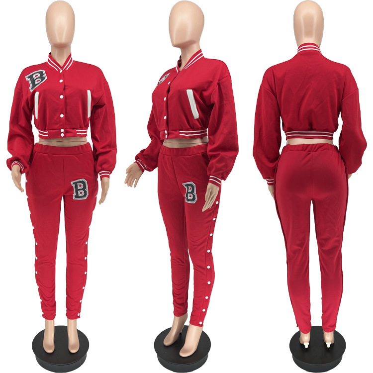 Women's solid color baseball two-piece blazer with breasted pockets_voghion.com