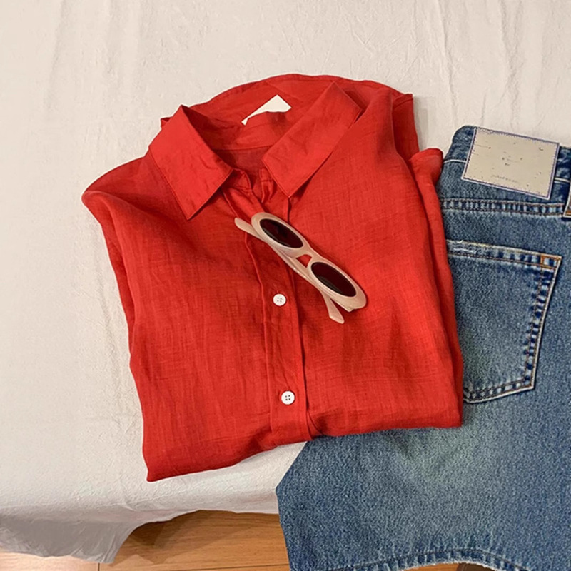 Highly Recommended! Extremely Flattering ~ Red Linen Long-Sleeve Loose Sun-Protective Shirt with a Feminine and Sophisticated Feel