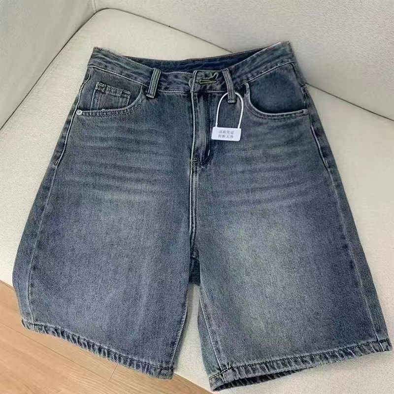 Petite American Retro Denim Shorts for Women, Summer High-Waisted Loose Versatile Slimming Straight Wide-Leg Mid-Length Shorts