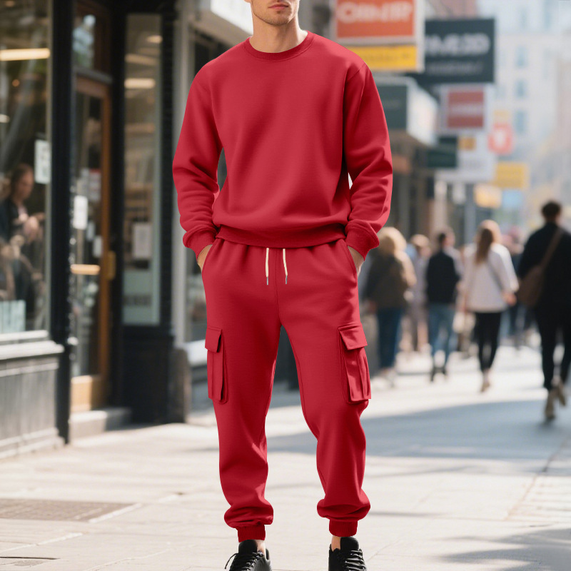Europe, America, Autumn And Winter Heavy Velvet Men's Loose Casual Sports Tooling Round Neck Solid Color Sweater Trousers Set_viptrois.com
