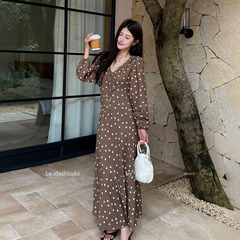 LS述致 法式长袖连衣裙2025秋季新款女装波点泡泡袖温柔长裙22781