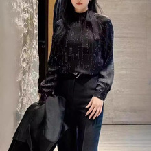 高端意奢迦达2024秋新款飘带圆领真丝印花长袖衬衫高腰半身裙套装