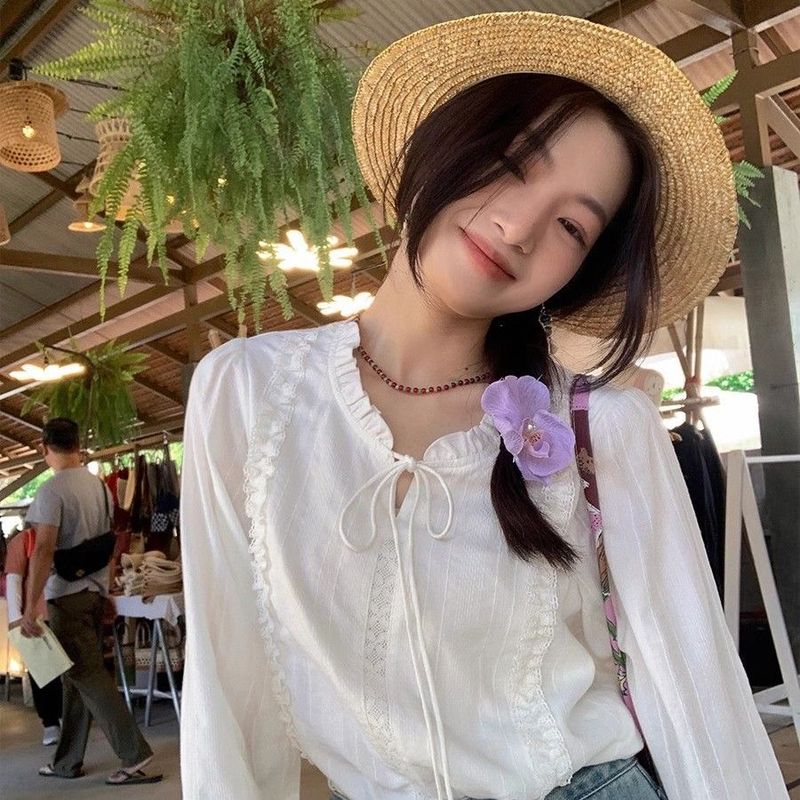 法式系带白色气质宽松长袖花边设计衬衫喇叭别致温柔衬衣上衣新款|undefined