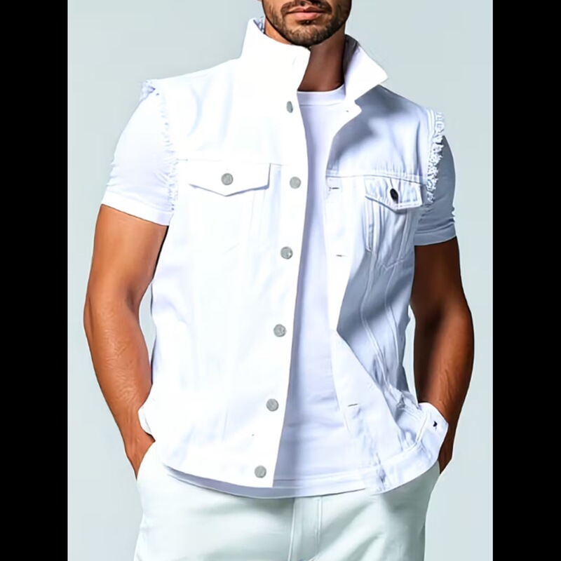 Tiktok Us Domestic Warehouse Dropshipping Source Men's Casual White Denim Vest Sleeveless Turn-Down Collar Denim Jacket