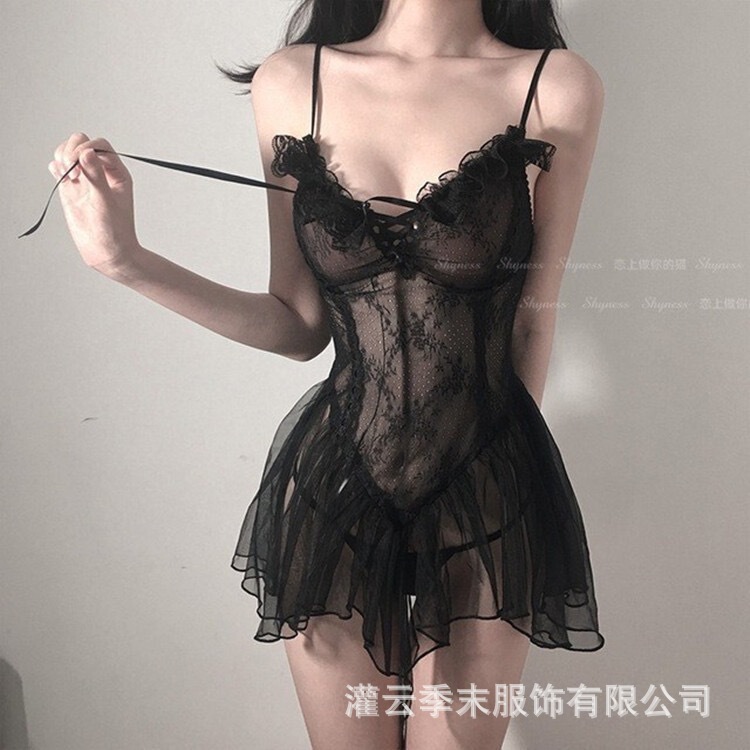 Sexy lingerie sexy lace-up suspender skirt lace mesh pure desire style small chest suspender transparent skirt push up nightdress