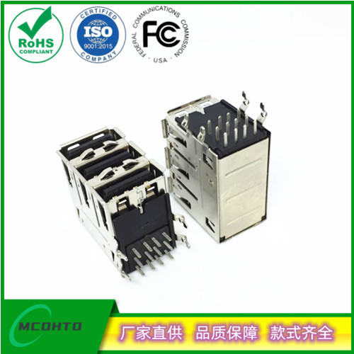 Manufacturers supply three-layer USB2.0 female 1X3 fixed pin flat USB connector black PCB female