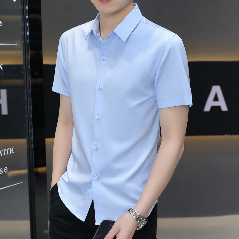 氷糸黒シャツ男性半袖夏の薄い弾力シャツ男性用アイロンフリービジネスカジュアルtシャツ|undefined