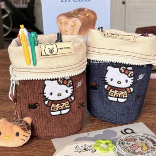 New Corduroy Leopard Kitty Pencil Bag Women's Stationery Bag Student Cute Creative Pen Cartridge Cosmetic Brush Storage Bag