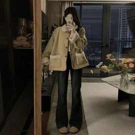 复古鹿皮绒羊羔毛加绒外套女冬季宽松加厚保暖皮毛一体机车棉服潮