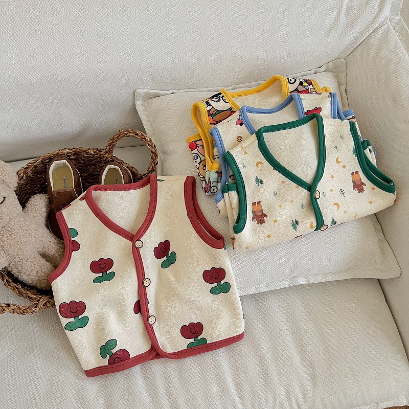 Autumn and Winter Baby Vest, Ollie Velvet Vest for Small and Medium-Sized Children, Cartoon Print Sleeveless Vest Set, Can Be Worn Outside or Inside