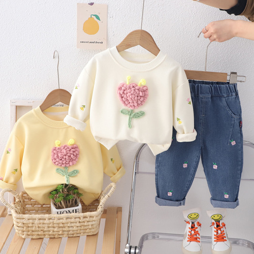 Women's Long Sleeve Set Korean Version New Spring Children's 3D Tulip Sweatshirt Stylish Little Girl Street Style Set