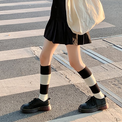 襪子女秋冬經典黑白條紋小腿襪不掉筒雙針棉襪潮抗起球寬條紋襪女