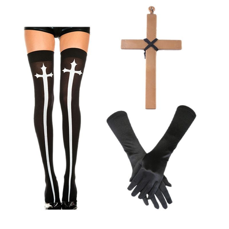 Halloween sexy cosplay monjas juegan disfraz ropa pañuelo calcetines collar crucifix set