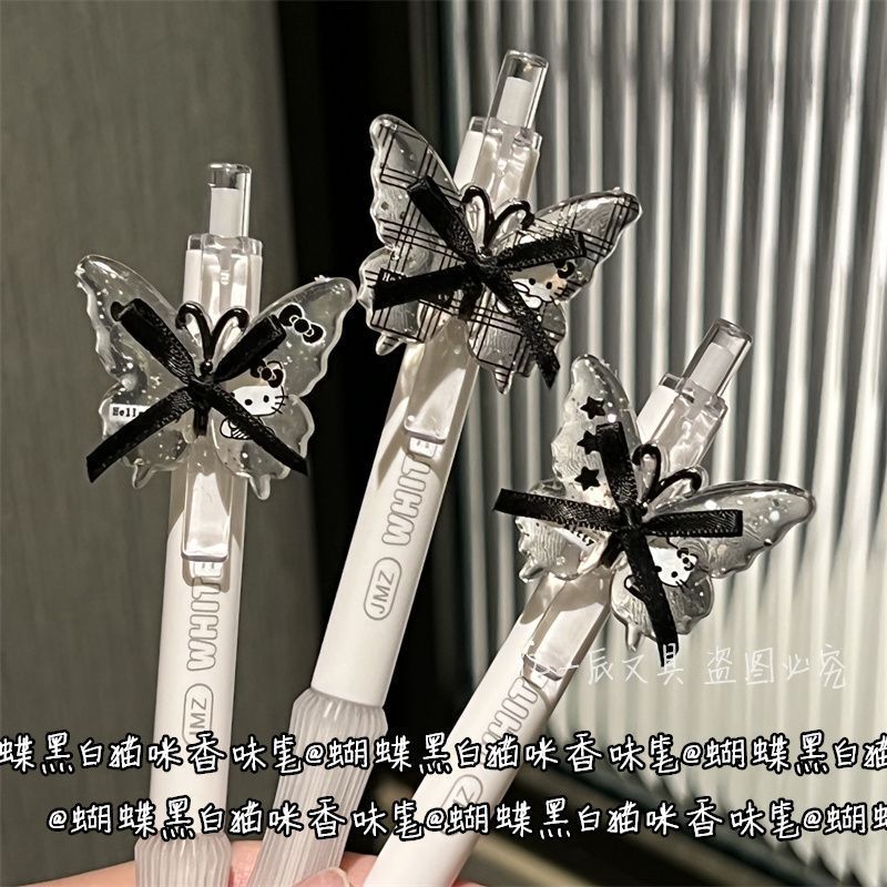 蝴蝶黑白猫咪玫瑰香味中性笔按动ins高颜值少女心st头黑色刷题笔|undefined