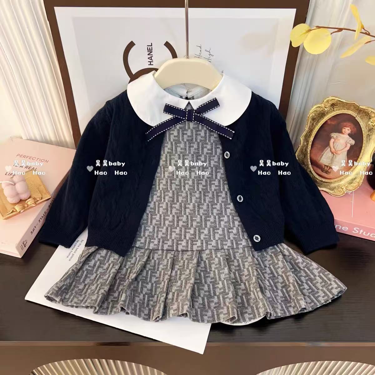 In Stock! British Academy Style! 26-Piece Girls' Spring and Autumn Set, Knitted Cardigan with Doll Collar and Vest Dress Two-Piece Set