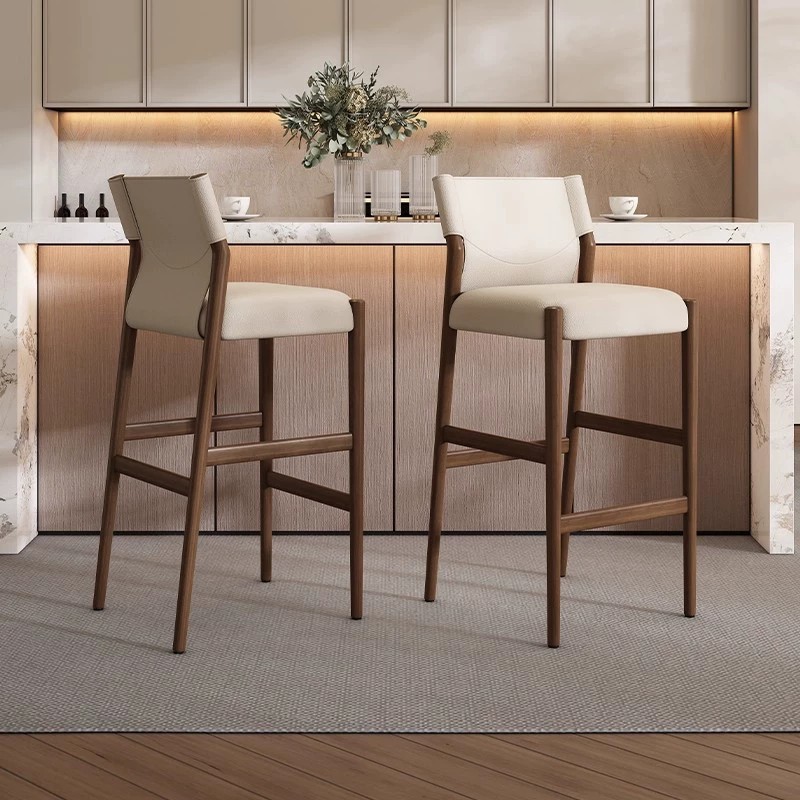 Home High Chair Saddle Leather Antique Style High-End Solid Wood Bar Chair Bar Chair Island Chair Backrest Chair Bar Chair