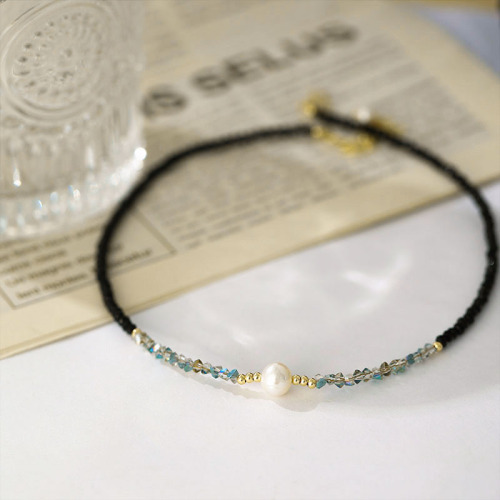 The same black spinel pearl necklace Korean-style fashionable bead choker with temperament, influencer design sense necklace chain