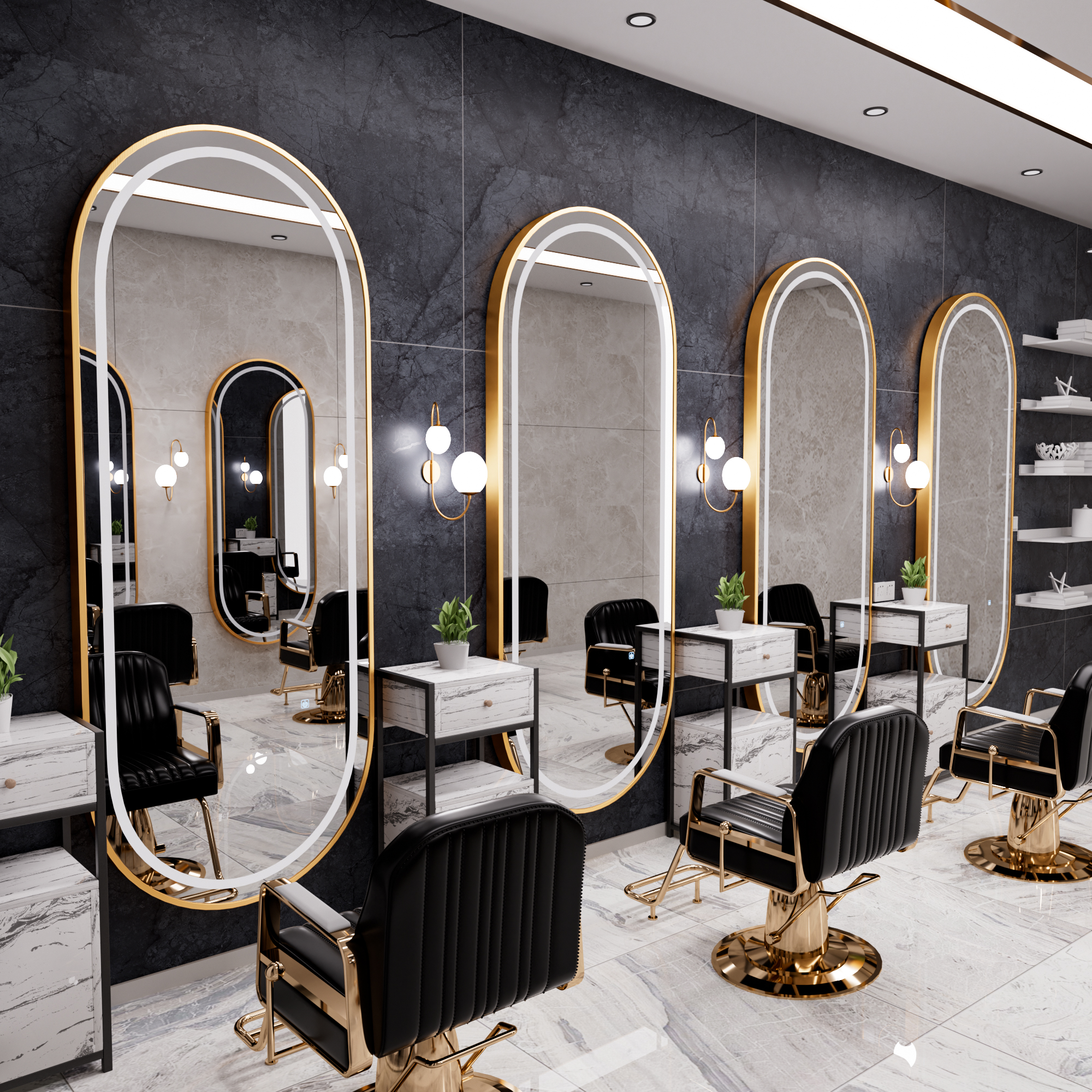 Barbería en línea espejo tabla de espejo salón de peluquería con espejo de suelo lámpara LED hormigón teñido pared tipo salón de peluquería