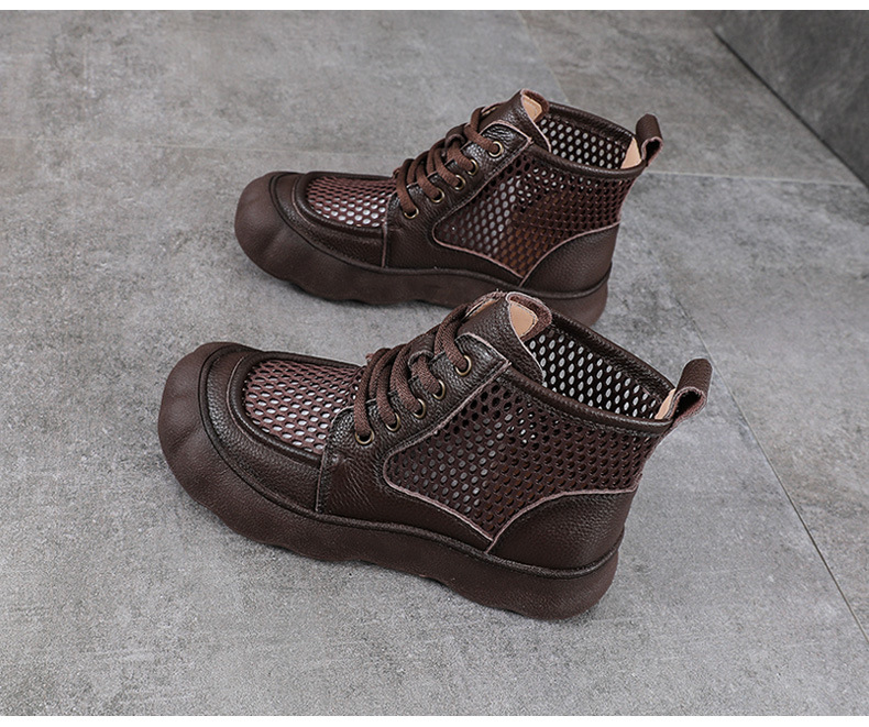 Boot nữ cổ thấp da bò lưới phối đế dày phong cách cổ điển — màu nâu chi tiết 14