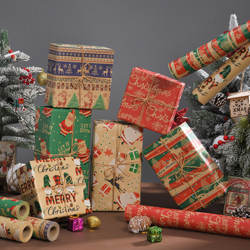 Venta caliente transfronteriza, rollo de gran tamaño, papel de regalo de Navidad, papel kraft retro, papel de regalo de Navidad, papel de regalo
